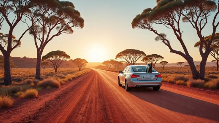 A silver car parked on a dusty road, surrounded by sparse trees, with a warm sunset glowing in the background. Aussie Road Trip