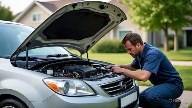 A person in a blue shirt is crouched by a silver car, examining its open engine hood in a residential area with green trees. car sudden breakdowns