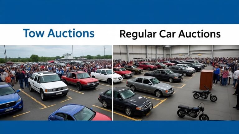 Split image showing a tow auctions with a large crowd outdoors and a regular car auction indoors with fewer attendees and more organized cars.