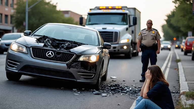 A damaged gray car sits on the road, debris scattered around it, while an officer stands nearby as a woman sits distressed on the sidewalk. Towed After an Accident