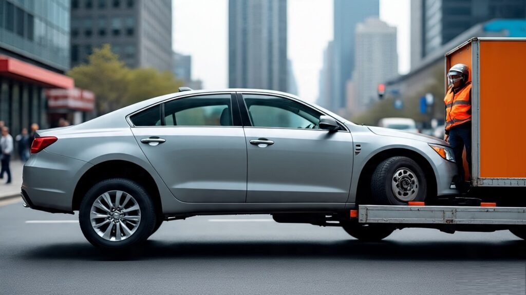 A silver car is being loaded onto a flatbed truck by a worker in an orange safety vest amid city buildings. Emergency Towing Costs