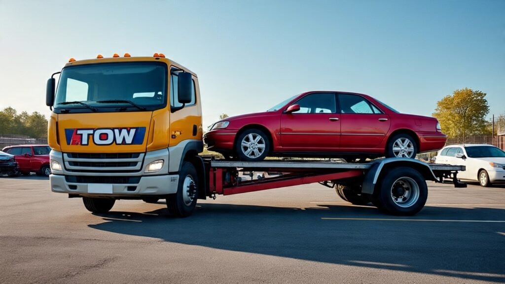 Towing Scams in Australia: What Every Driver Must Know Before Hitting the Road 2 A yellow tow truck carrying a red sedan in a parking lot, with other vehicles visible in the background under clear blue skies. Towing Scams in Australia
