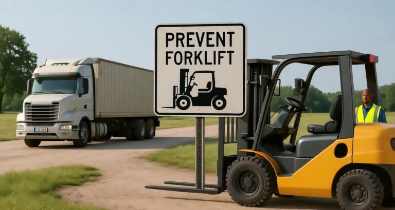 A yellow forklift parked beside a "Prevent Forklift" sign, with a large truck approaching on a rural road surrounded by greenery.