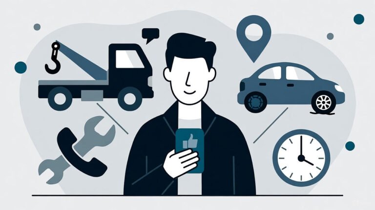A person holds a smartphone amidst icons representing vehicle towing, tools, a car, chat bubbles, and a clock, suggesting auto services. Towing Service in Melbourne