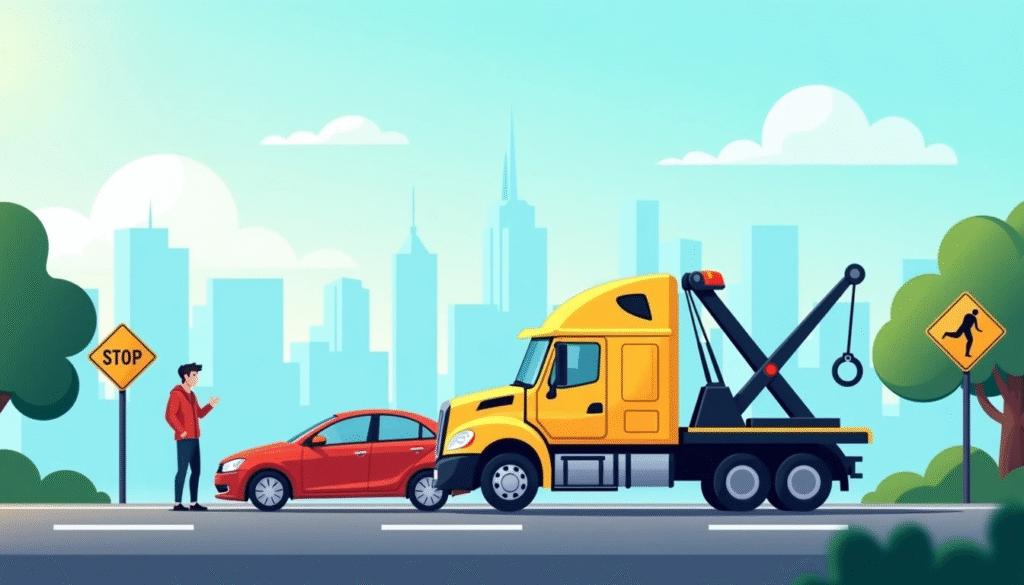 A tow truck is preparing to assist a stopped red car, with a pedestrian waiting nearby in a cityscape background. Accident Towing in Victoria