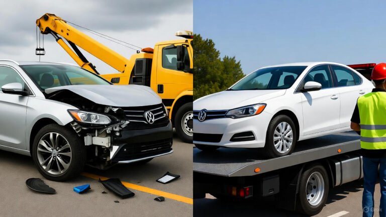 A damaged Volkswagen car on the left, being towed by a yellow truck; on the right, an undamaged Volkswagen being loaded onto a flatbed. Emergency Vs Scheduled Towing