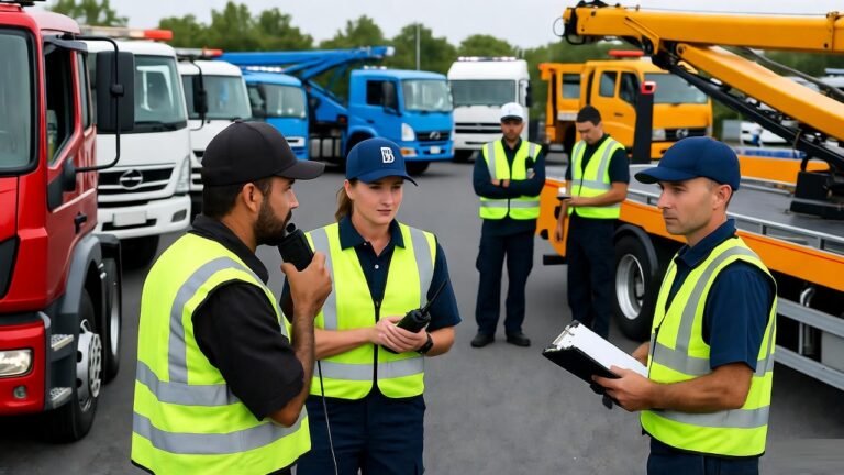 A group of workers in safety vests discusses plans near several parked trucks and a crane, showcasing teamwork in a logistics environment. CheapTow