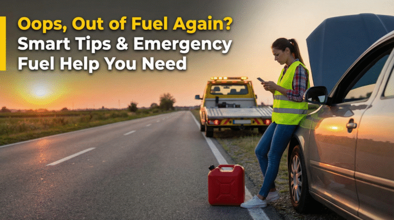A woman in a reflective vest leans against her car with the hood open, checking her phone near a red fuel can on a roadside at sunset. Emergency Fuel