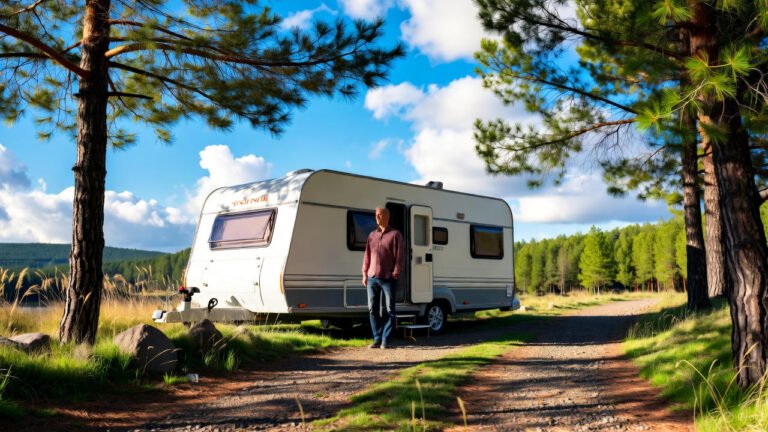 A man stands beside a white caravan amidst tall pine trees and lush greenery under a blue sky with scattered clouds. Caravan Breakdown