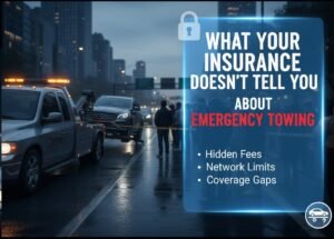 A towing vehicle on a city street with people nearby, highlighting hidden fees, coverage gaps, and network limits in emergency towing insurance.