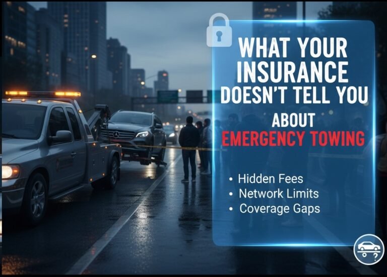 A towing vehicle on a city street with people nearby, highlighting hidden fees, coverage gaps, and network limits in emergency towing insurance.