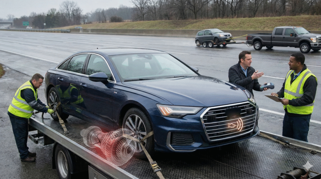 Car being loaded onto tow truck on highway with workers, highlighting hidden towing risks and repair costs.