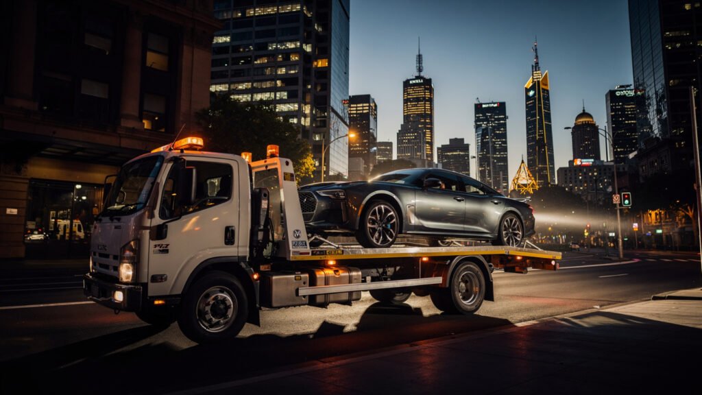 Tow truck carrying a luxury car on a city street at dusk with skyscrapers illuminated in the background. Towing Cost