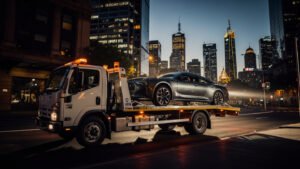 Home 21 Tow truck carrying a luxury car on a city street at dusk with skyscrapers illuminated in the background. Towing Cost