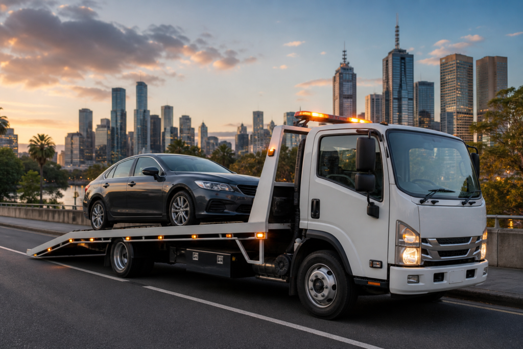 Tow truck carrying a dark sedan on a city road at sunset with skyscrapers in the background and amber warning lights on. Tow Truck Near Me Melbourne